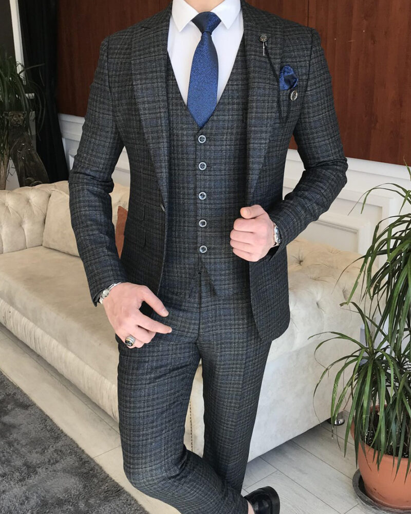 Blue Italian Style Peak Lapel Check Suit for Men | BespokeaDailyShop
