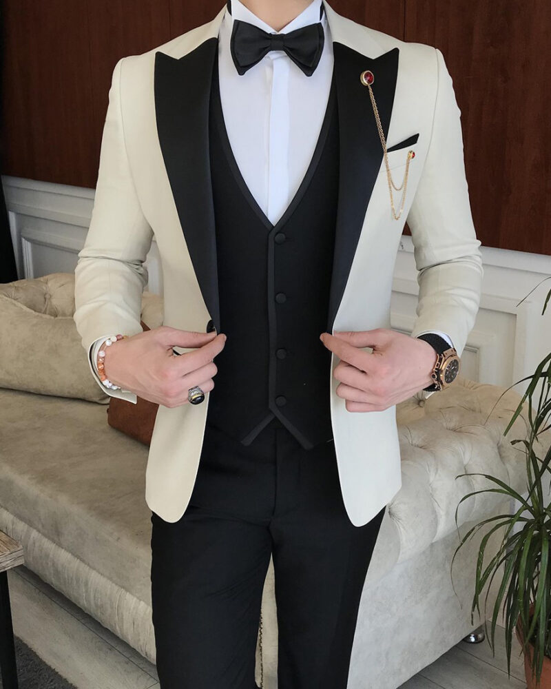 Cream Slim Fit Peak Lapel Tuxedo for Men by BespokeaDailyShop.com
