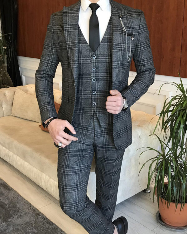 Gray Slim Fit Peak Lapel Windowpane Suit for Men by BespokeDailyShop