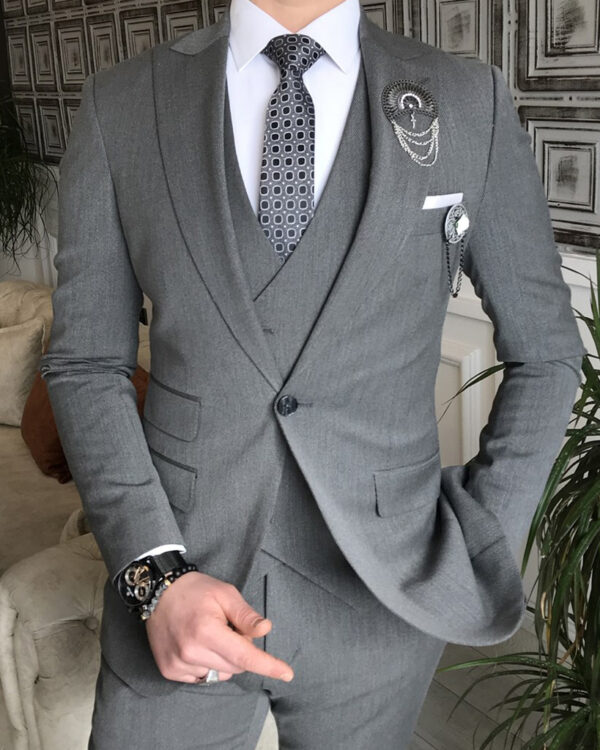 Gray Slim Fit Peak Lapel Suit for Men by BespokeDailyShop.com