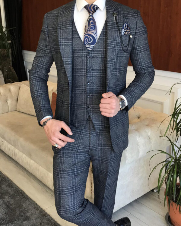 Navy Slim Fit Peak Lapel Windowpane Suit for Men by BespokeDailyShop