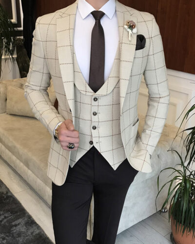 BespokeDaily Milford Beige Slim Fit 2 Piece Peak Lapel Crosshatch Suit