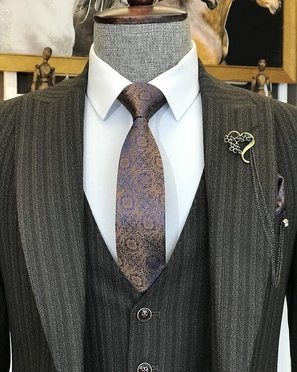 Brown Slim Fit Peak Lapel Striped Suit for Men by BespokeDailyShop