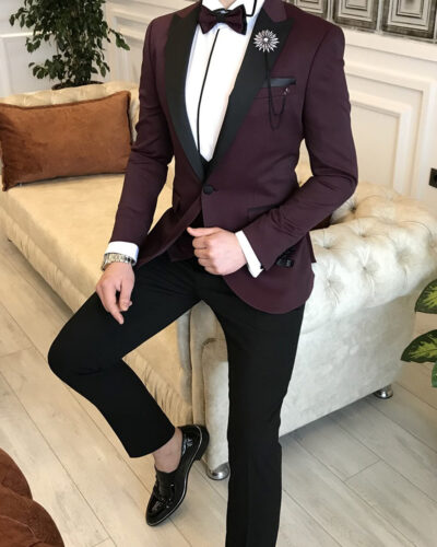 Burgundy Slim Fit Peak Lapel Tuxedo for Men by BespokeaDailyShop.com