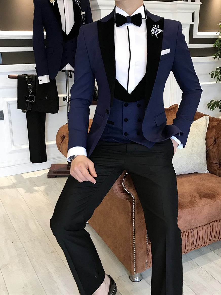 Navy Blue Velvet Lapel Groom Suit for Men by BespokeaDailyShop.com