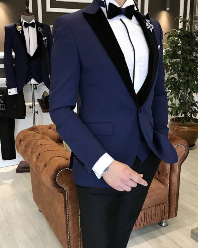 Navy Blue Velvet Lapel Groom Suit for Men by BespokeaDailyShop.com