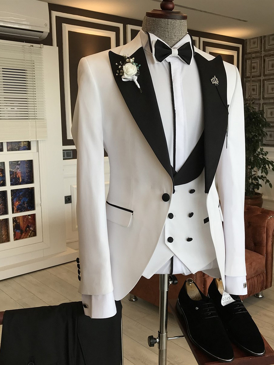 White Slim Fit Peak Lapel Tuxedo for Men by BespokeaDailyShop.com