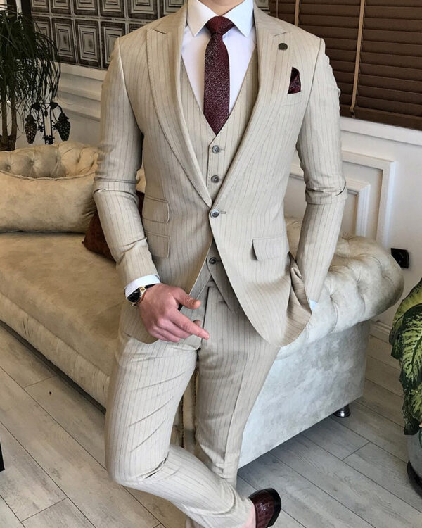 Beige Slim Fit Peak Lapel Pinstripe Suit For Men
