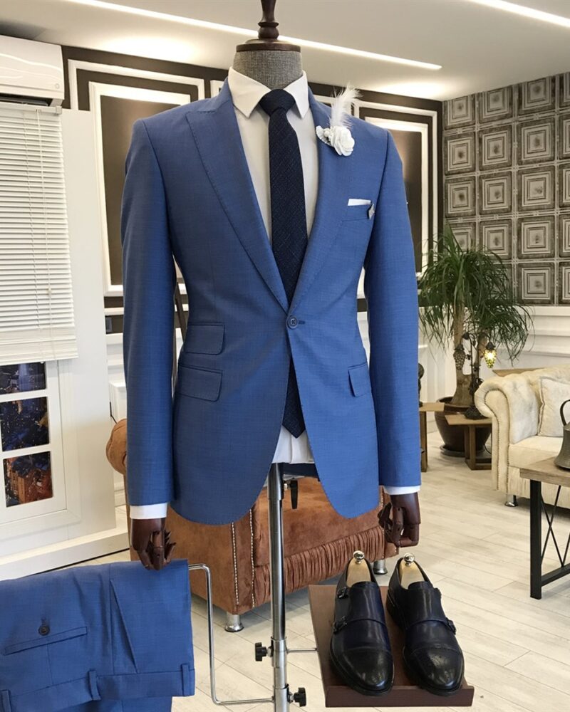 Blue Slim Fit 2 Piece Peak Lapel Pinstripe Suit for Men