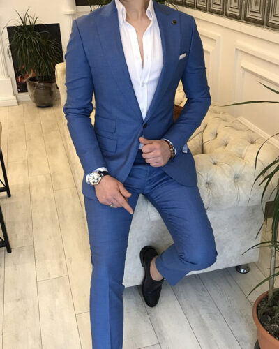 BespokeDaily Bristol Blue Slim Fit 3 Piece Peak Lapel Suit - Bespoke Daily