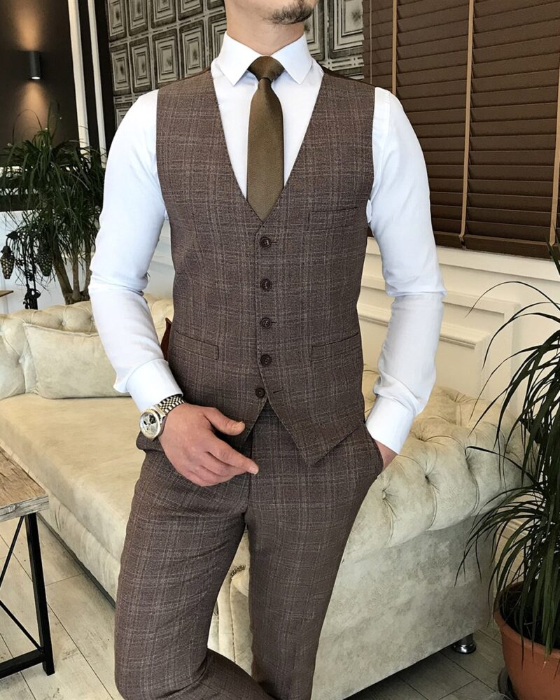 Brown Slim Fit Peak Lapel Plaid Suit for Men by BespokeDailyShop.com