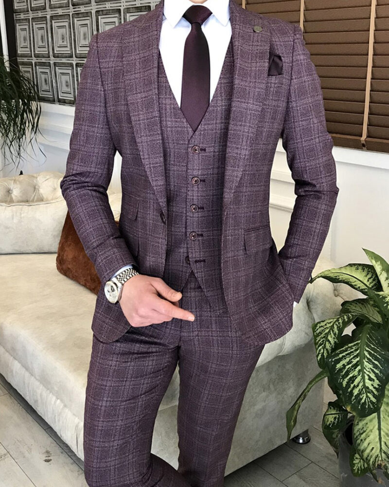 Burgundy Slim Fit Peak Lapel Plaid Suit for Men | BespokeDailyShop.com