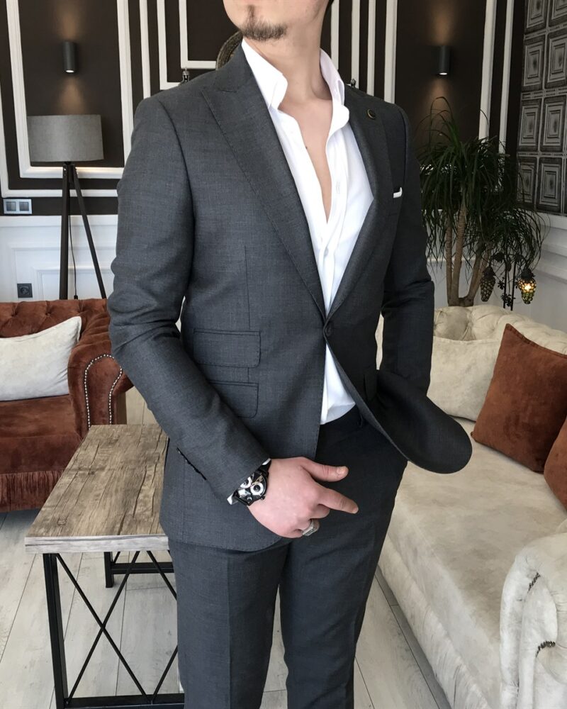 Dark Gray Slim Fit 2 Piece Peak Lapel Pinstripe Suit for Men