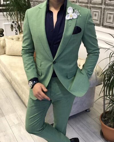 Green Slim Fit 2 Piece Peak Lapel Pinstripe Suit for Men