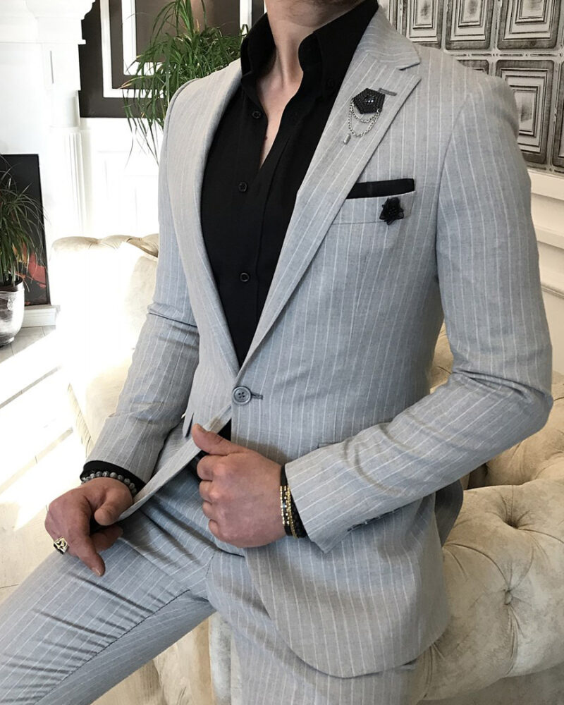 Light Gray Slim Fit 2 Piece Notch Lapel Pinstripe Suit for Men
