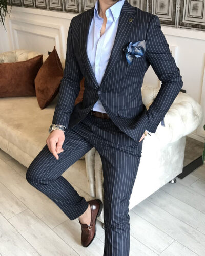 Navy Slim Fit 2 Piece Peak Lapel Pinstripe Suit for Men | BespokeDaily