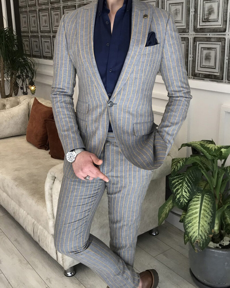 Lagos Dark Gray Slim Fit Peak Lapel Pinstripe Suit, 49% OFF
