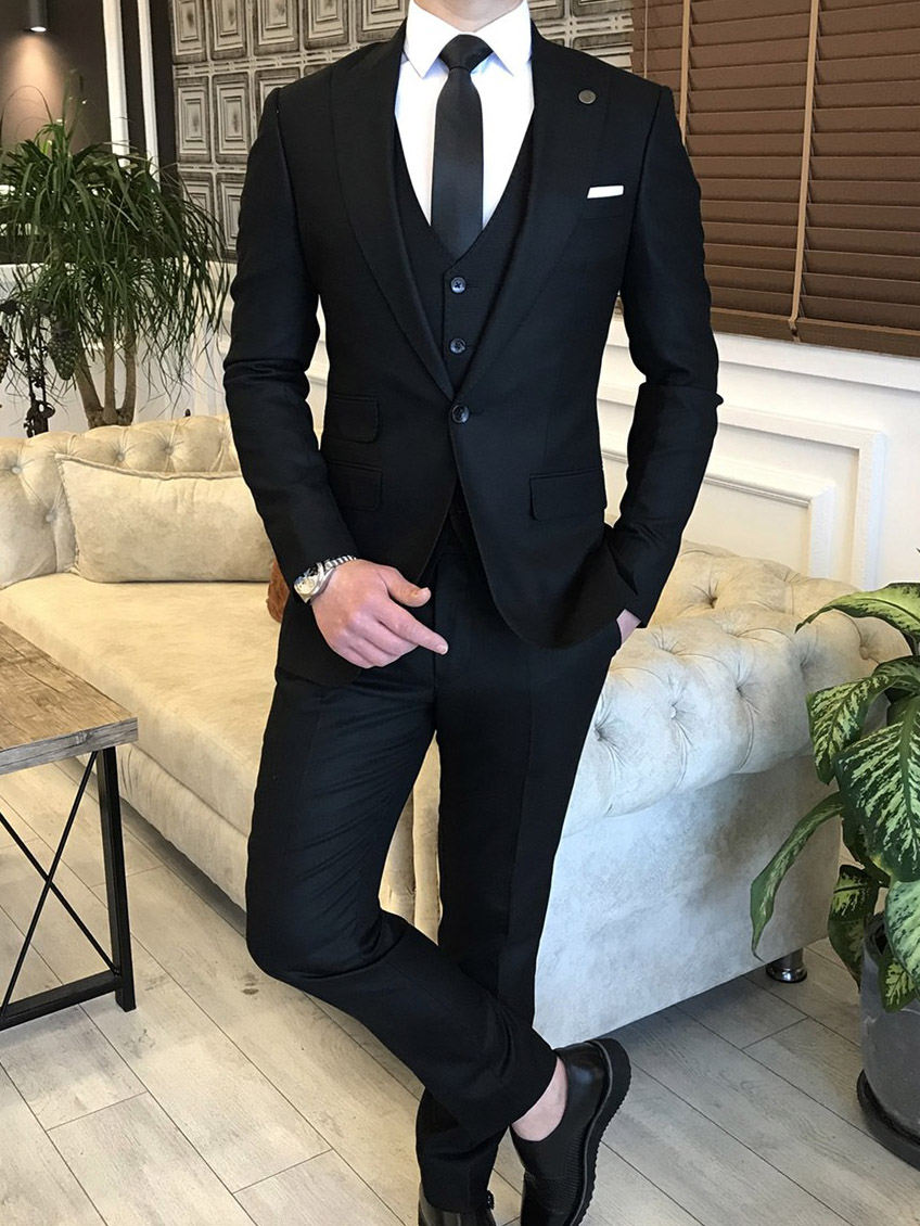 Black Slim Fit Peak Lapel Suit for Men by BespokeDailyShop.com