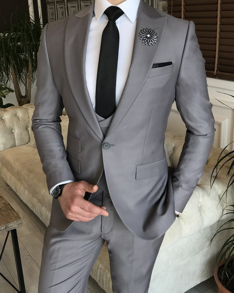 Gray Slim Fit Peak Lapel Suit for Men by