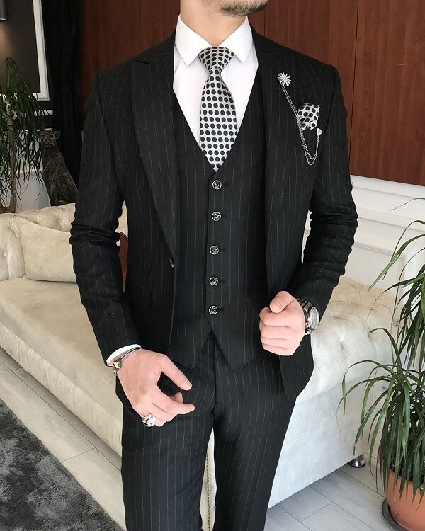 Black Slim Fit 2 Piece Striped Suit for Men by BespokeDailyShop.com