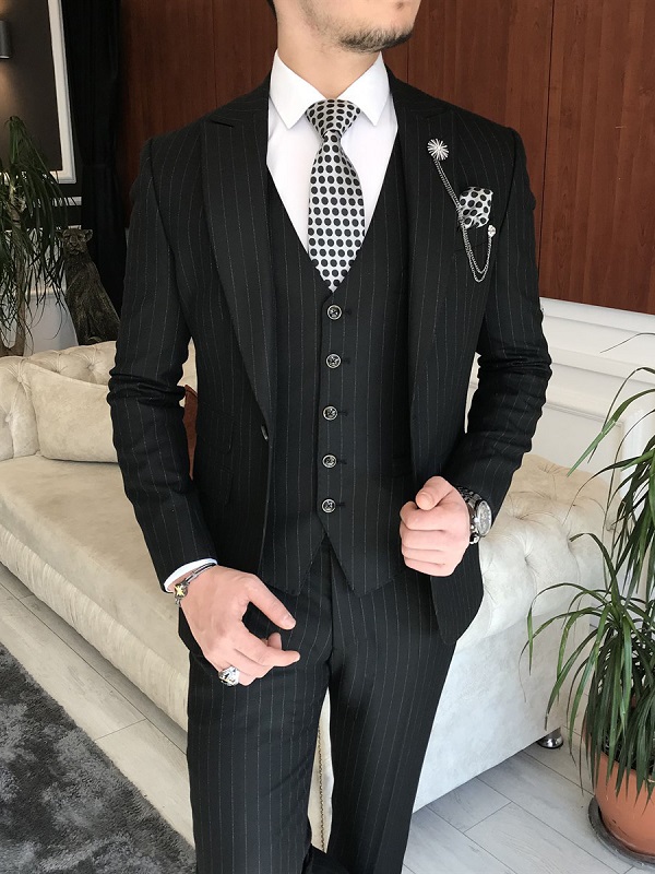 Black Slim Fit Peak Lapel Pinstripe Suit for Men by BespokeDailyShop