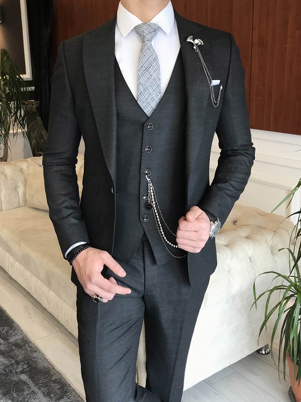 Black Slim Fit Peak Lapel Plaid Suit for Men by BespokeDailyShop.com