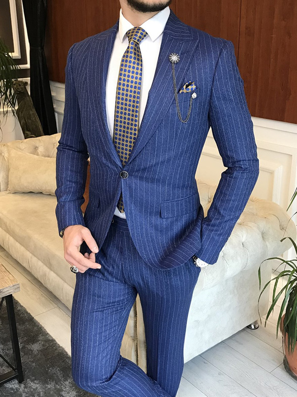 Lagos Dark Gray Slim Fit Peak Lapel Pinstripe Suit, 49% OFF