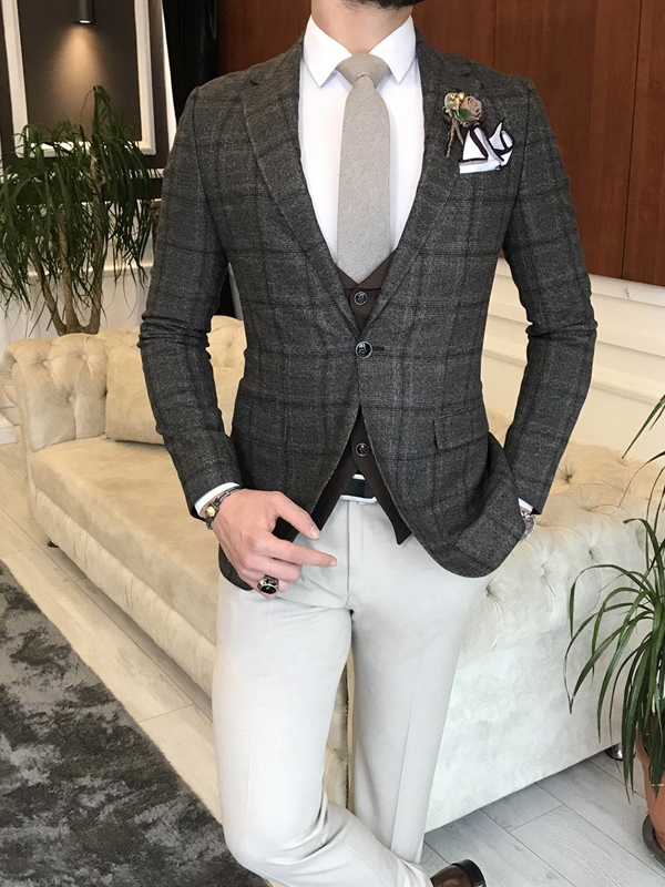 Brown Slim Fit Notch Lapel Plaid Suit for Men by BespokeDailyShop.com