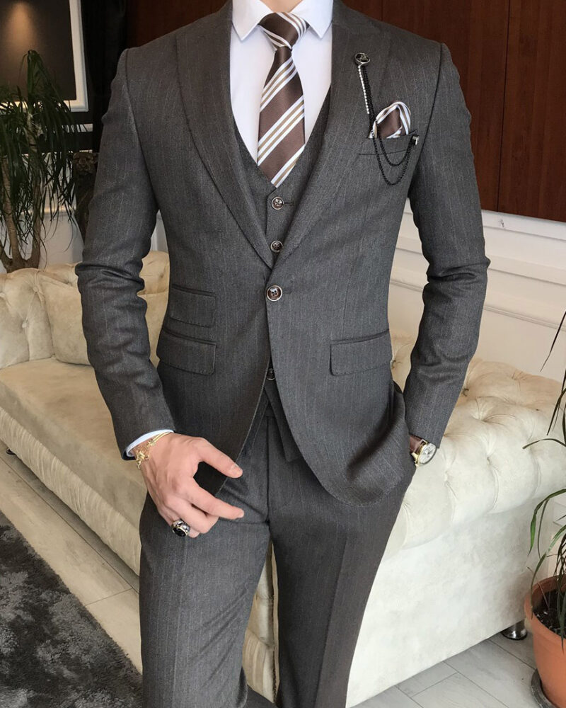Brown Slim Fit Peak Lapel Pinstripe Suit for Men by BespokeDailyShop