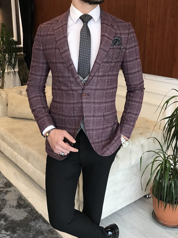 Burgundy Slim Fit Notch Lapel Plaid Suit for Men | BespokeDailyShop.com