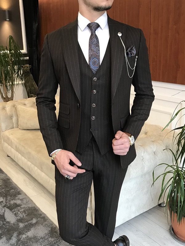 Coffee Slim Fit Peak Lapel Pinstripe Suit for Men by BespokeDailyShop