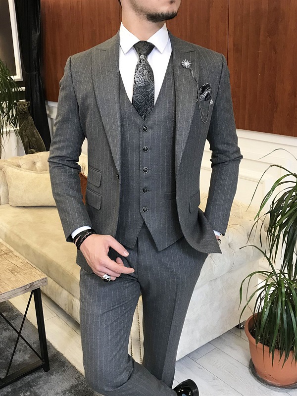 Dark Gray Slim Fit Peak Lapel Pinstripe Suit for Men by BespokeDailyShop