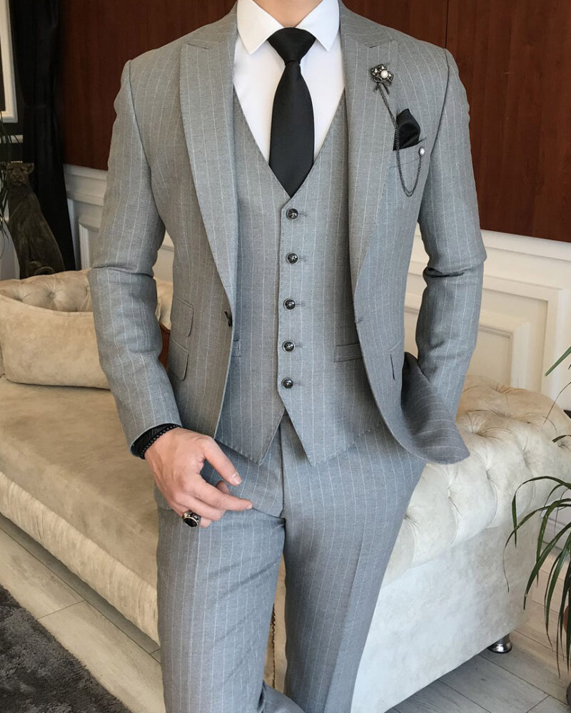 Gray Slim Fit Peak Lapel Pinstripe Suit for Men by BespokeDailyShop.com