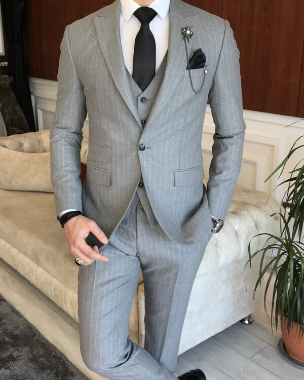 Gray Slim Fit Peak Lapel Pinstripe Suit for Men by BespokeDailyShop.com