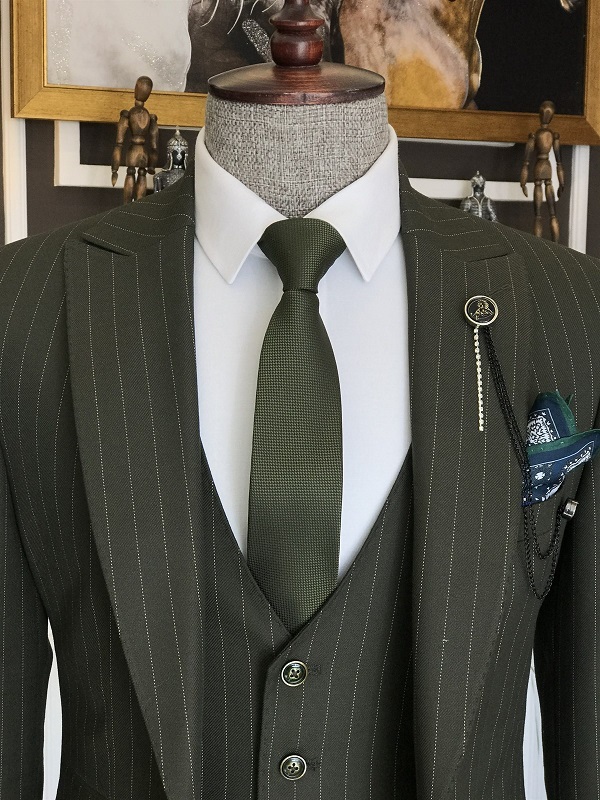 Green Slim Fit Peak Lapel Pinstripe Suit for Men by BespokeDailyShop
