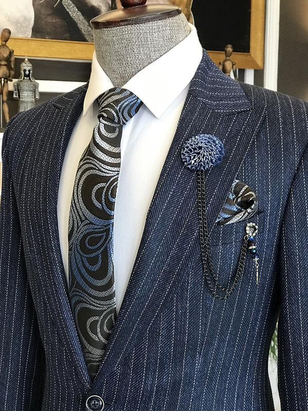 Navy Blue Slim Fit 2 Piece Peak Lapel Pinstripe Suit | BespokeDailyShop