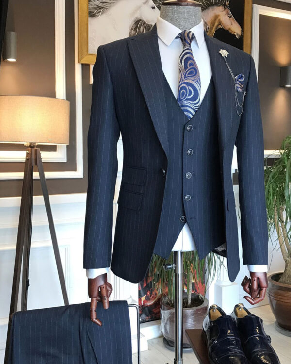 Navy Blue Slim Fit Peak Lapel Pinstripe Suit for Men by BespokeDailyShop