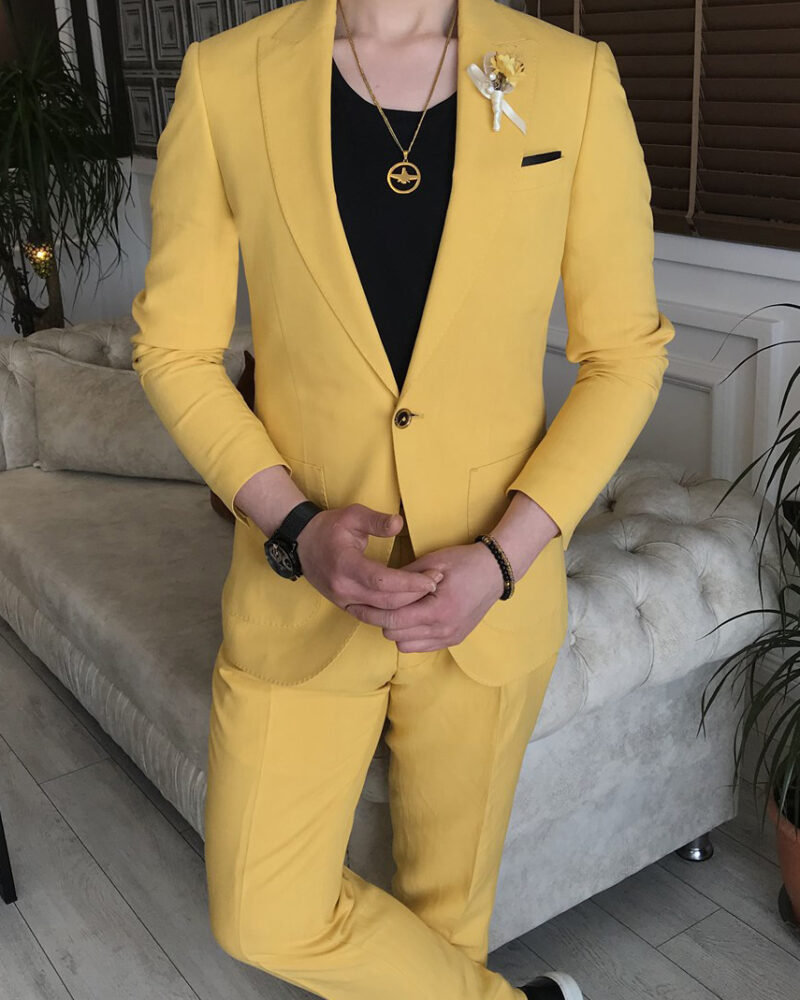 Yellow Slim Fit 2 Piece Peak Lapel Suit for Men | BespokeDailyShop.com
