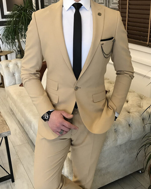 Beige Slim Fit 2 Piece Peak Lapel Suit for Men by