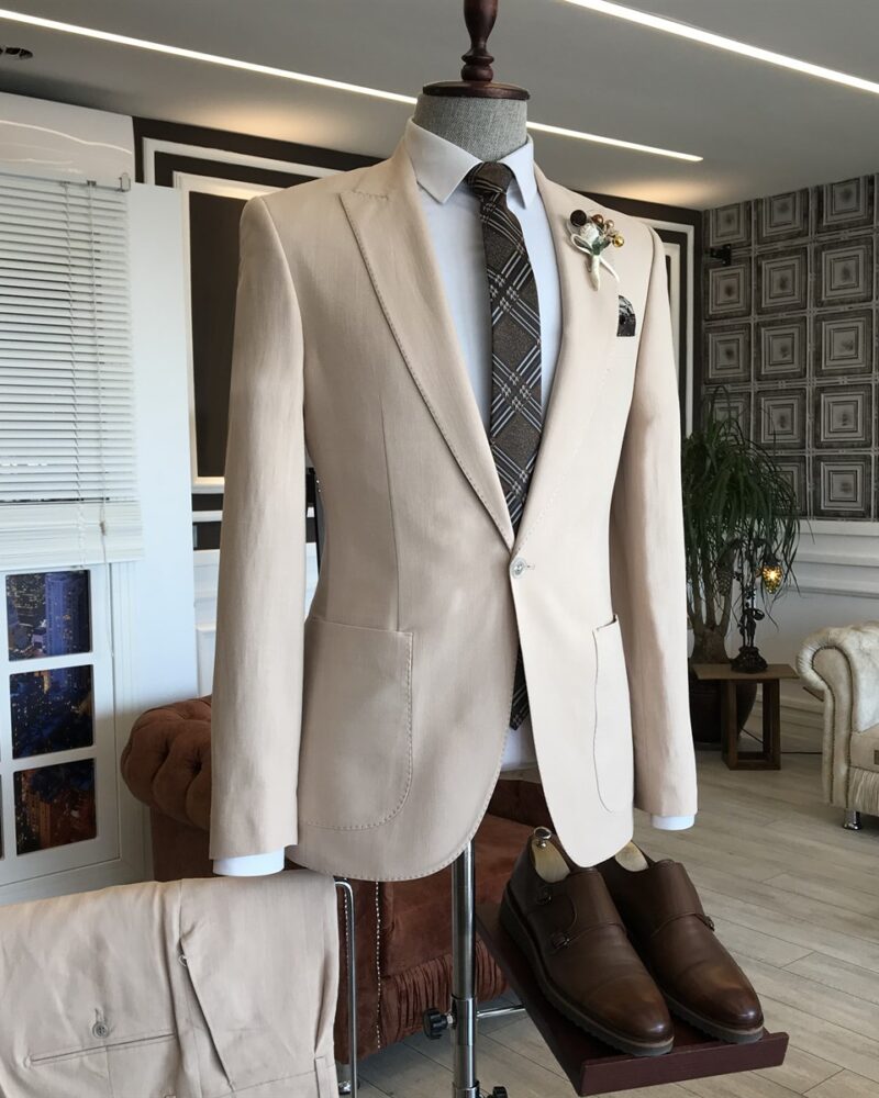 Beige Slim Fit 2 Piece Peak Lapel Suit for Men by