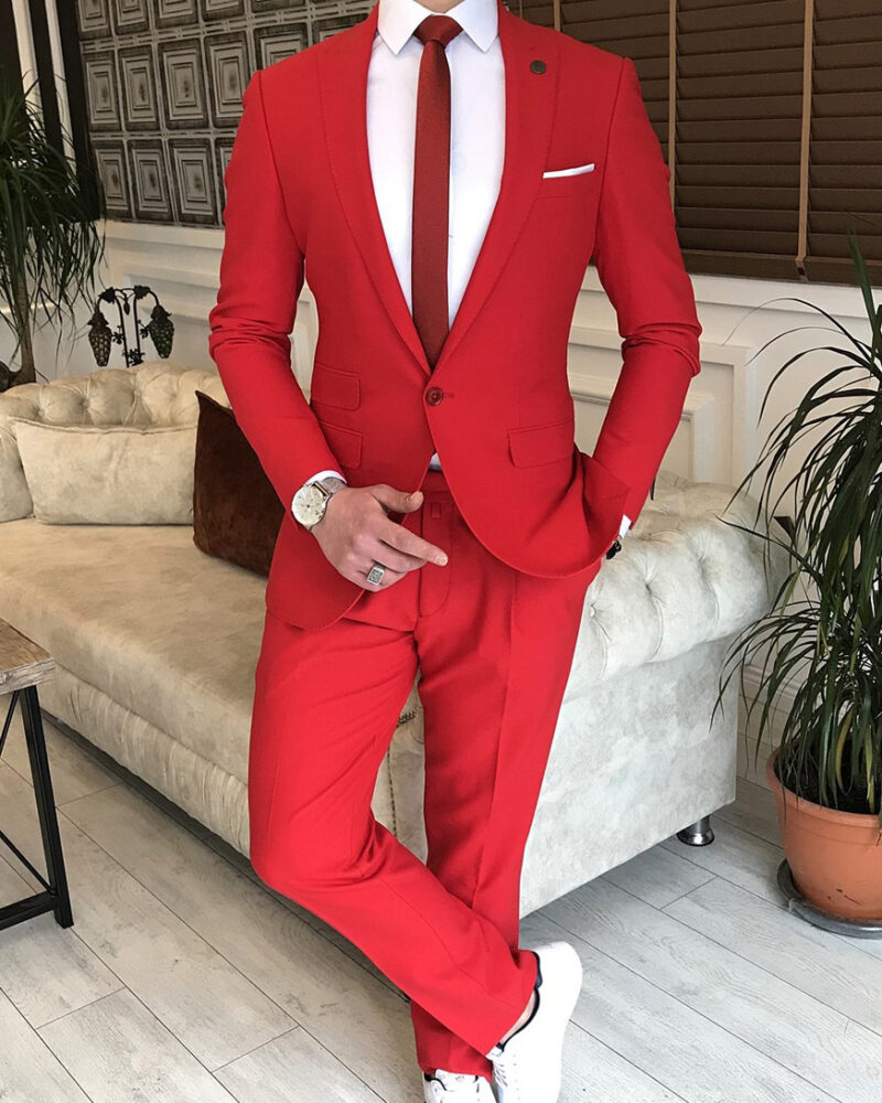 Red Slim Fit 2 Piece Peak Lapel Suit for Men by BespokeDailyShop.com