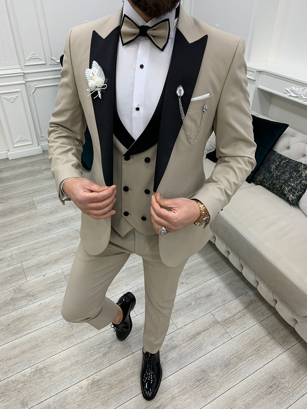 Beige Slim Fit Peak Lapel Tuxedo for Men by Bespokedailyshop | Free Worldwide Shipping