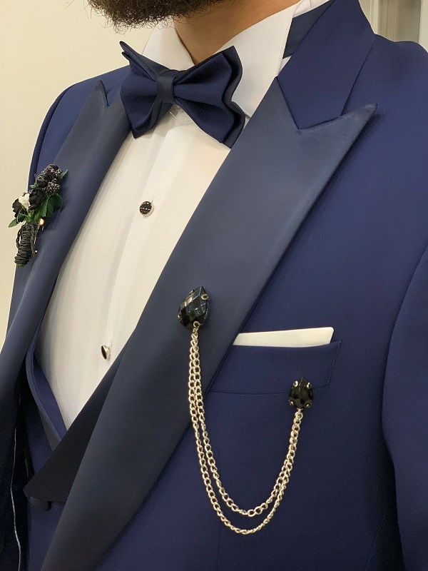 Blue Slim Fit Peak Lapel Tuxedo for Men by Bespokedailyshop | Free Worldwide Shipping
