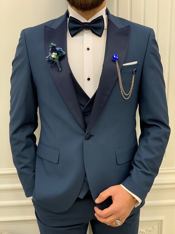 Light Blue Slim Fit Peak Lapel Tuxedo for Men by Bespokedailyshop | Free Worldwide Shipping