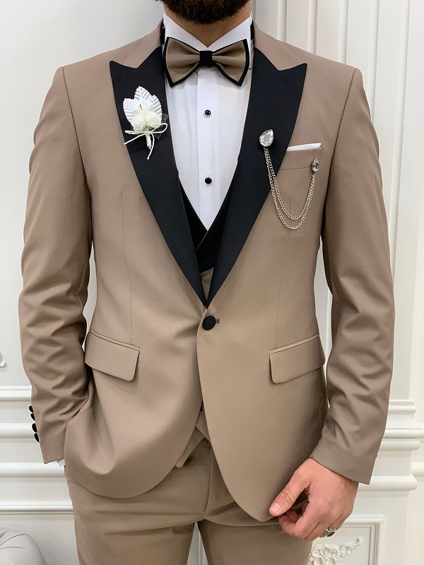 Light Brown Slim Fit Peak Lapel Tuxedo for Men by Bespokedailyshop | Free Worldwide Shipping