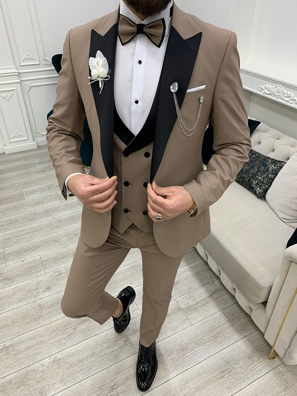 Light Brown Slim Fit Peak Lapel Tuxedo for Men by Bespokedailyshop | Free Worldwide Shipping