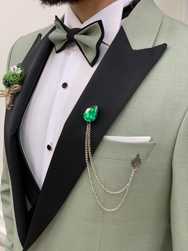 Light Green Slim Fit Peak Lapel Tuxedo for Men by Bespokedailyshop | Free Worldwide Shipping