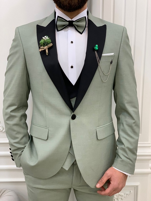 Light Green Slim Fit Peak Lapel Tuxedo for Men by Bespokedailyshop | Free Worldwide Shipping
