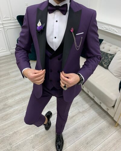 Purple Slim Fit Peak Lapel Tuxedo for Men by Bespokedailyshop | Free Worldwide Shipping