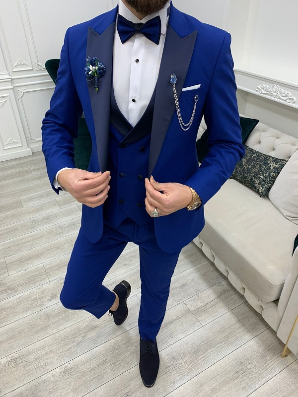 Royal Blue Slim Fit Peak Lapel Tuxedo for Men by Bespokedailyshop | Free Worldwide Shipping